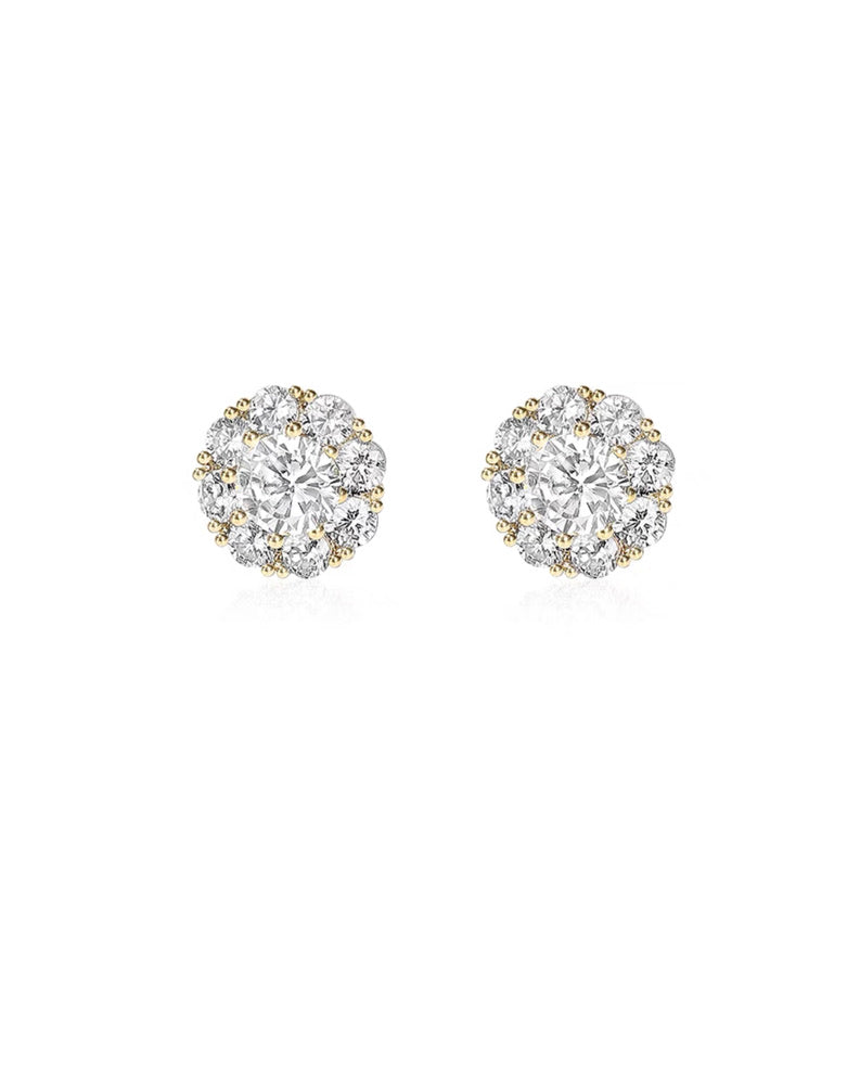 14K Gold Diamante Cluster Round Earrings