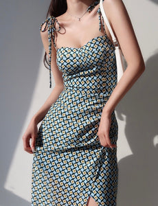 Geometric Printed Tie Strap Wrap Slit Dress