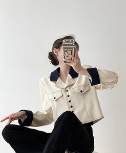 Contrast Boxy Stitching Jacket in Cream