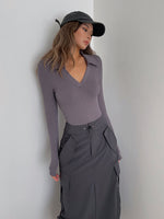 Load image into Gallery viewer, V Collar Long Sleeve Top - Purple Grey
