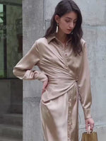 Load and play video in Gallery viewer, Maja Satin Shirt Dress - Champagne
