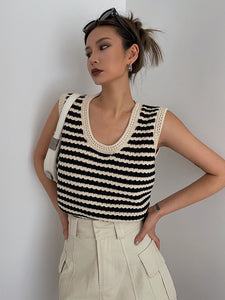 Knitted Stripe Sleeveless Top in Black
