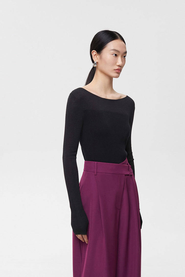 Wool Blend Duo Tone Knitted Top in Black