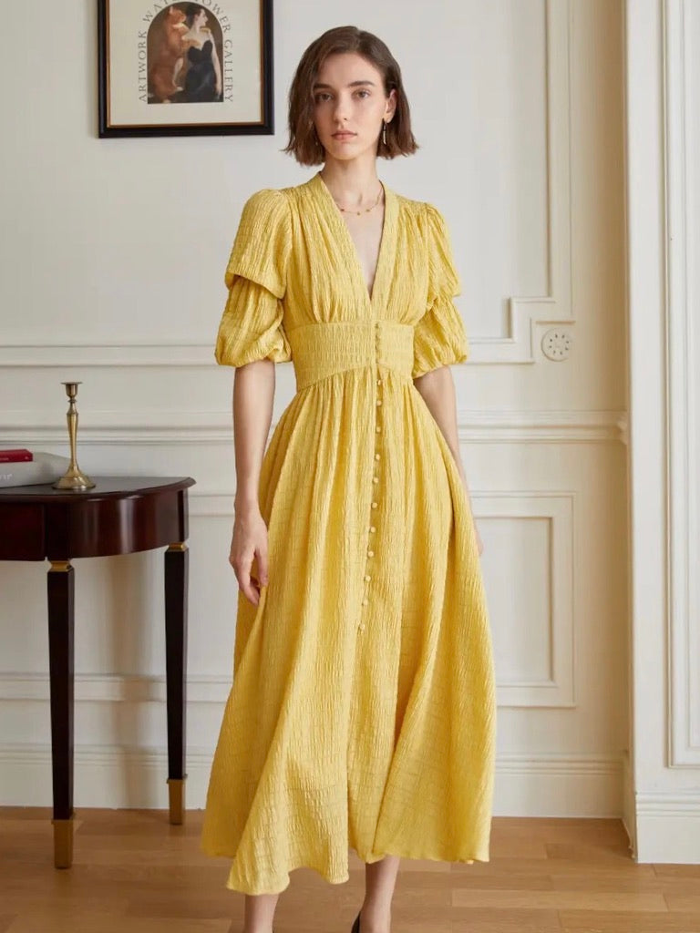 Arlette Crepe Blouson Maxi Dress in Yellow