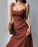 Load image into Gallery viewer, Bronzette Polka Tie Strap Slit Dress
