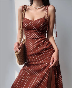 Bronzette Polka Tie Strap Slit Dress