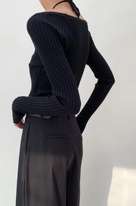 Knitted V Halter Long Sleeve Top - Black
