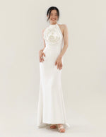 Load image into Gallery viewer, Avae Oversized Rose Halter Maxi Dress in White
