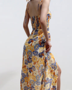 Carnation Floral Tie Strap Wrap Slit Dress in Yellow