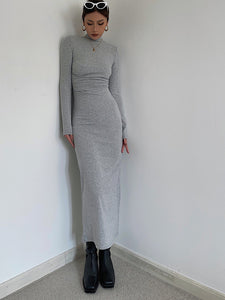High Neck Bodycon Long Sleeve Maxi Dress - Grey