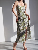 Load image into Gallery viewer, Botanica Floral Tie Strap Wrap Slit Dress in Green
