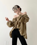 Load image into Gallery viewer, Off Shoulder Bubble Gathered Top in Khaki
