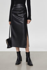 Load image into Gallery viewer, High Waist Pleather Midi Slit Skirt in Black
