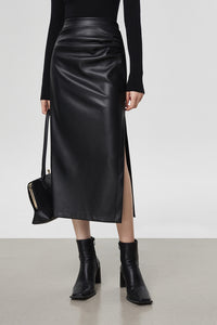 High Waist Pleather Midi Slit Skirt in Black