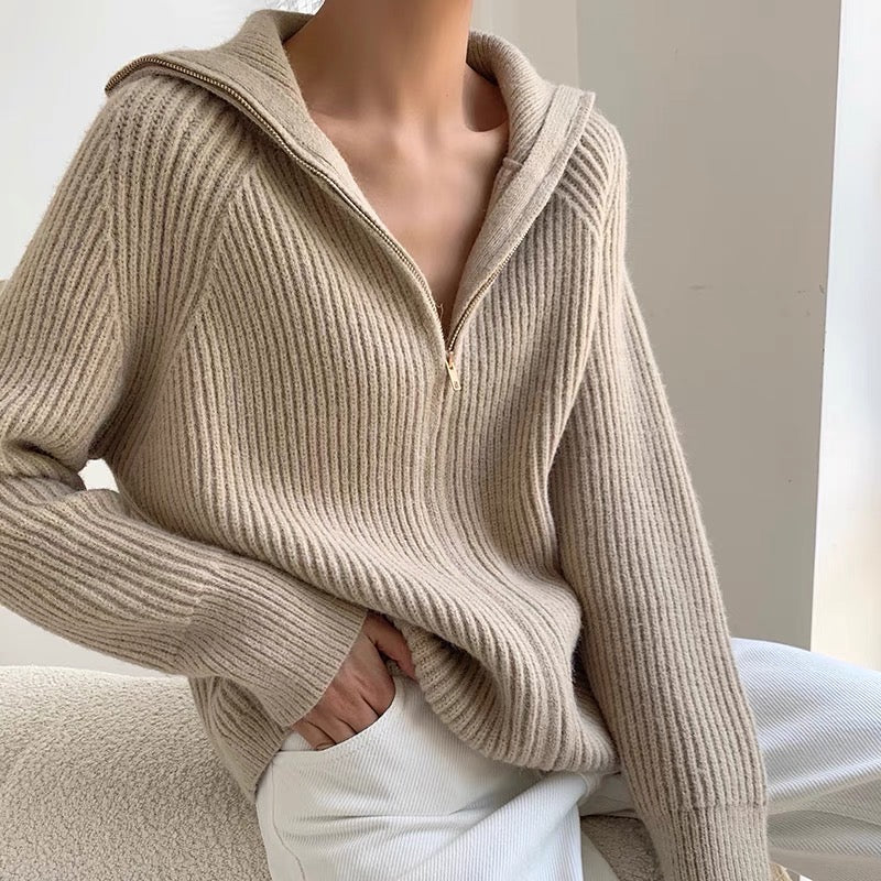 Classic Knitted Zip Sweater in Beige