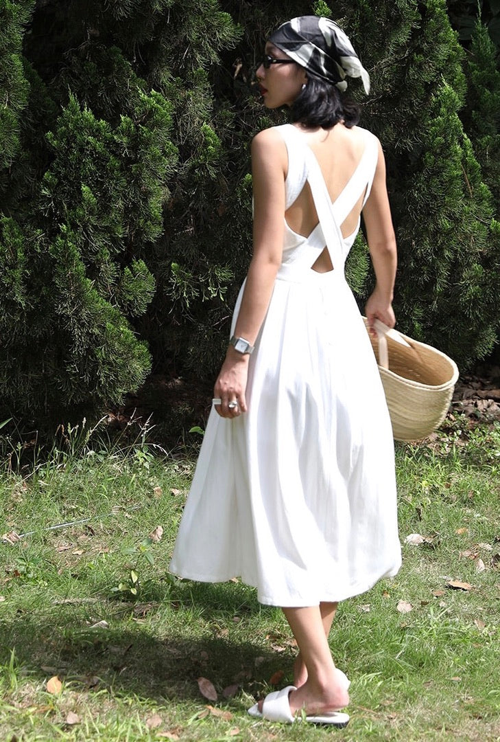 Tencel Blend Criss Cross Back Button Midi Dress in White LEXI + LOU Tencel Blend Criss Cross Back Button Midi Dress in White LEXI + LOU