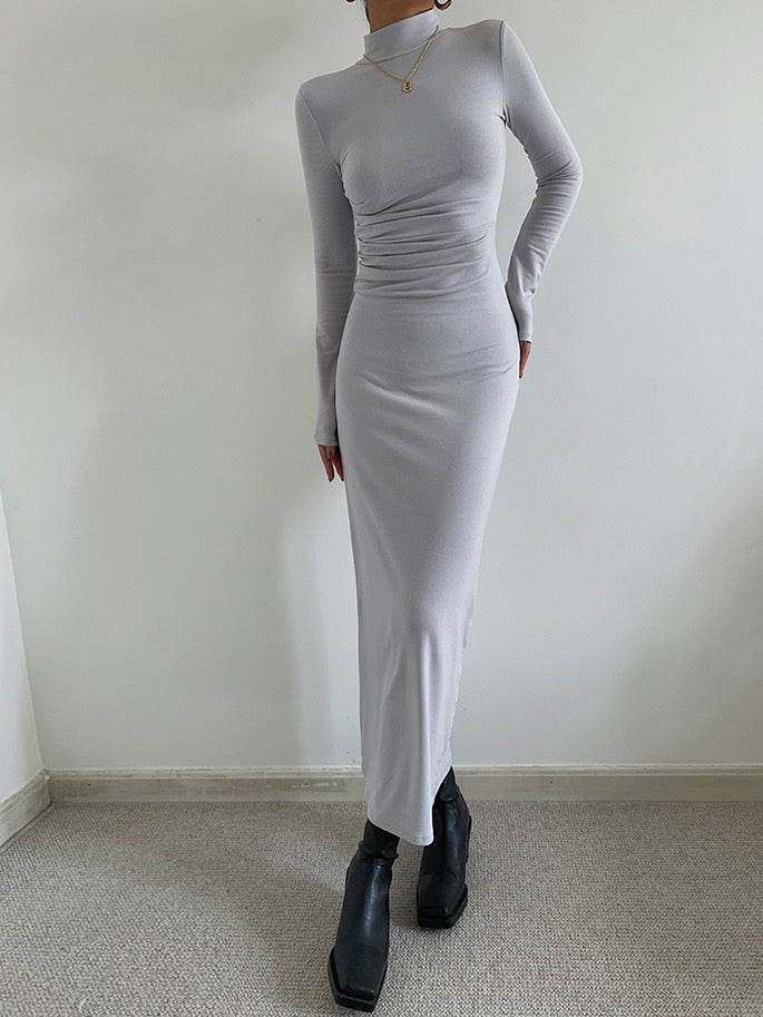 High Neck Bodycon Long Sleeve Maxi Dress - Pearl Grey