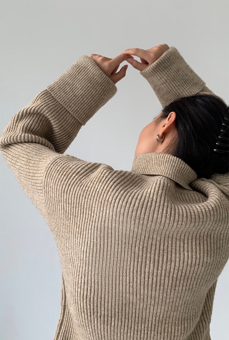 Roll Over Turtleneck Ribbed Sweater - Latte