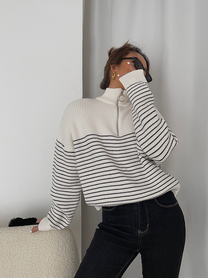 Half Zip Striped Ribbed Sweater in White