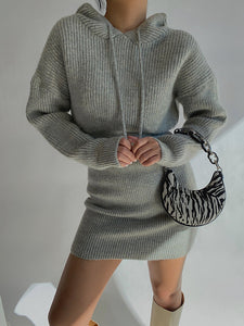 Knitted Hoodie Bodycon Dress - Grey