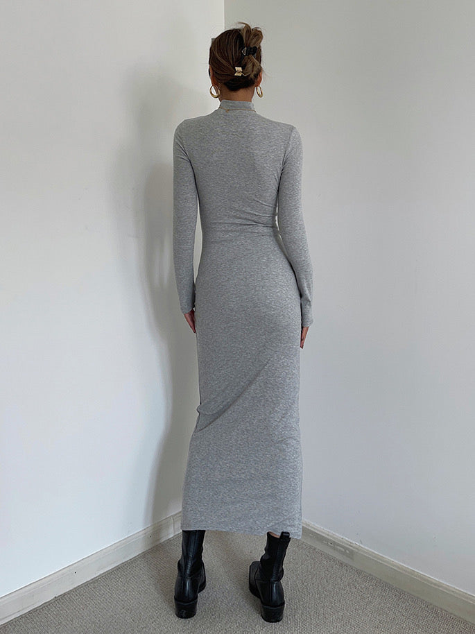 High Neck Bodycon Long Sleeve Maxi Dress - Pearl Grey