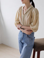 Load image into Gallery viewer, Vintage Button Blouson Sleeve Blouse in Almond
