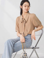 Load image into Gallery viewer, Ribbon Tie Collar Blouse in Tan
