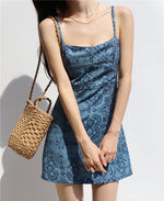 Load image into Gallery viewer, Damask Printed Cami Strap Mini Dress in Blue
