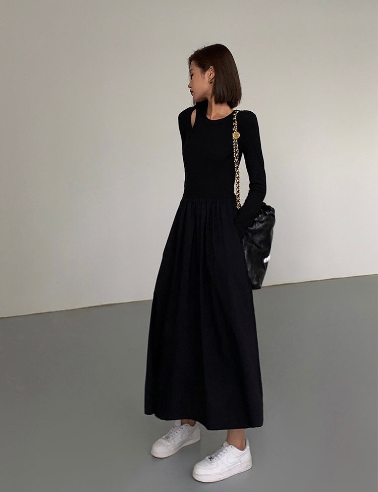 Long Sleeve Cutout Pocket Dress in Black