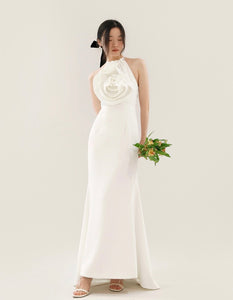Avae Oversized Rose Halter Maxi Dress in White