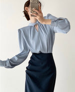 Load image into Gallery viewer, Neck Tie Long Sleeve Blouse in Blue
