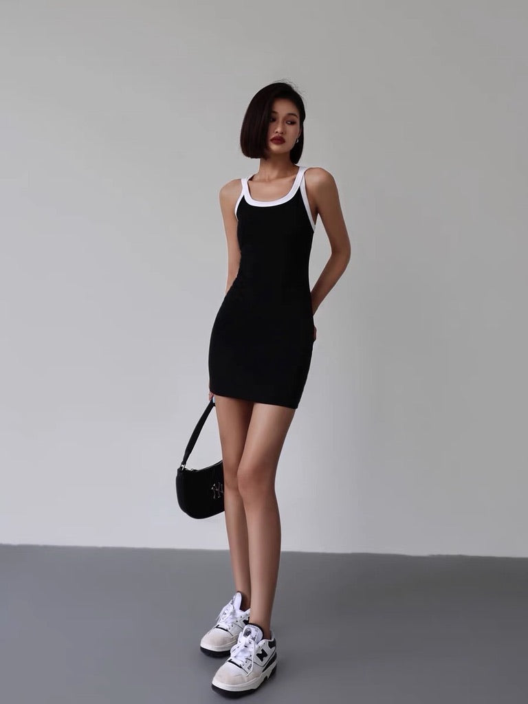 Cross Back Contrast Strap Bodycon Mini Dress in Black