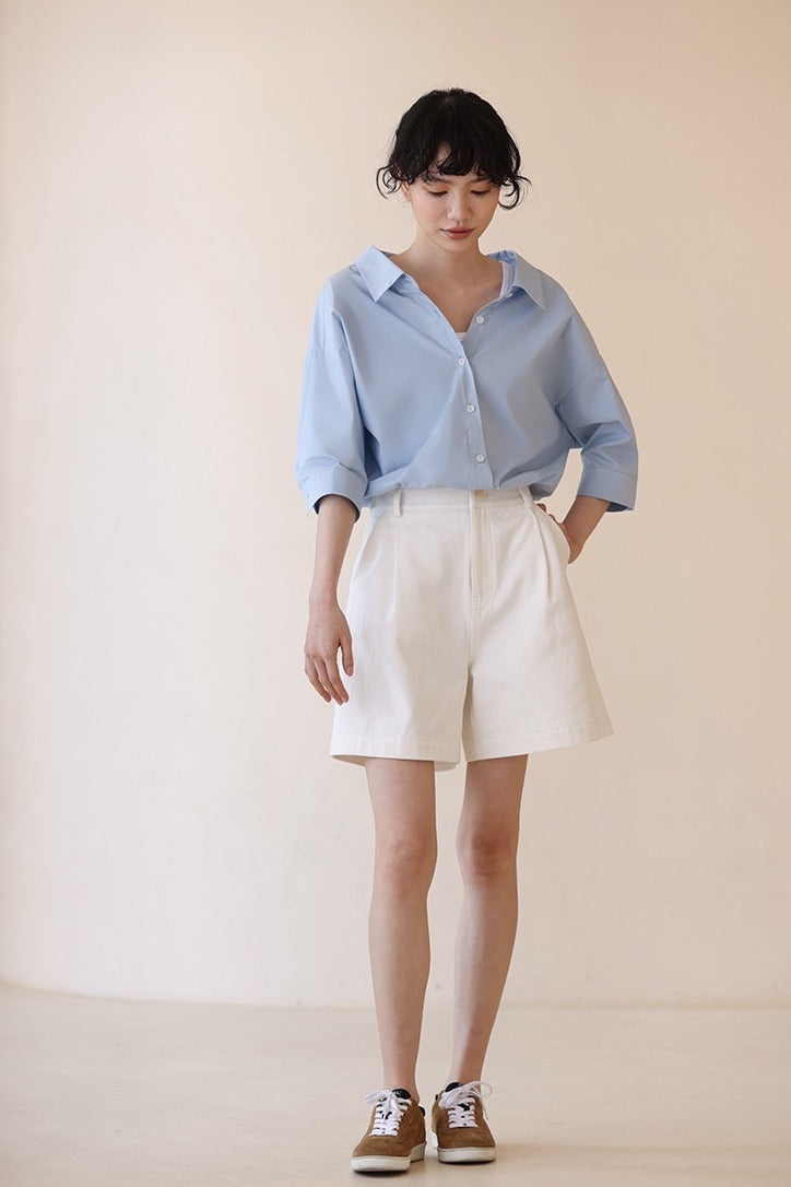 Cropped Classic Shirt with Mock Tank in Blue