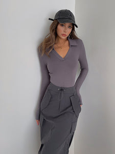 V Collar Long Sleeve Top - Purple Grey