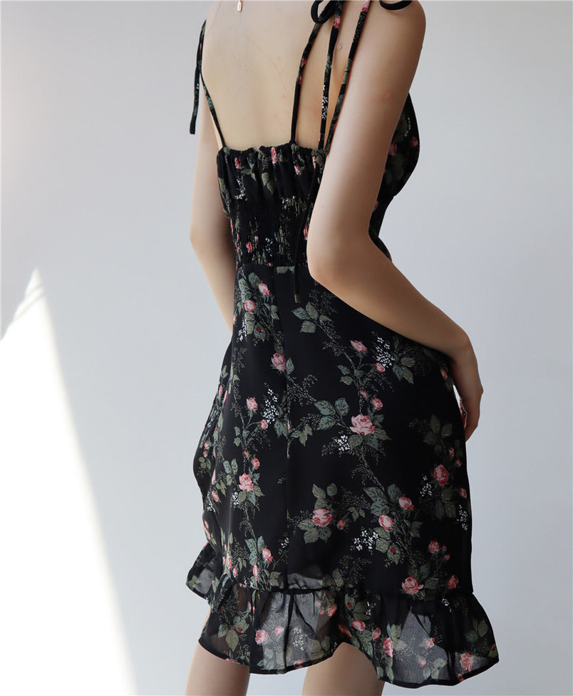 Genevieve Floral Tie Strap Cami Mini Dress in Black
