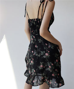 Genevieve Floral Tie Strap Cami Mini Dress in Black