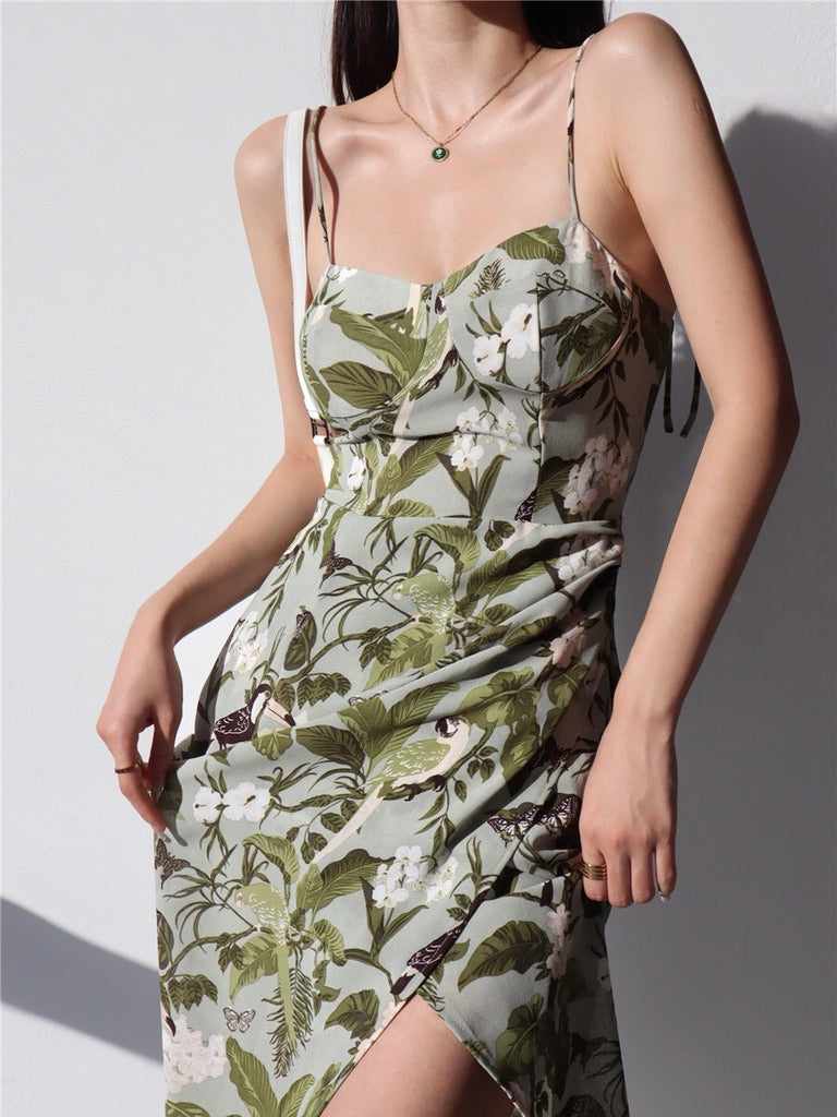 Botanica Floral Tie Strap Wrap Slit Dress in Green
