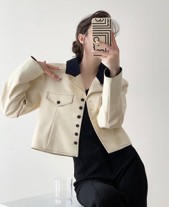 Contrast Boxy Stitching Jacket in Cream
