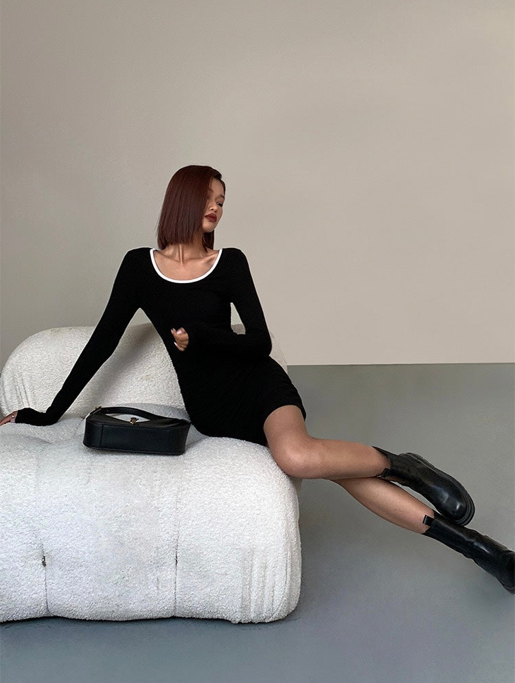 Contrast Shirring Mini Bodycon Dress in Black