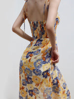 Load image into Gallery viewer, Carnation Floral Tie Strap Wrap Slit Dress in Yellow
