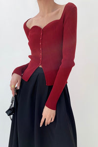 Bustier Button Slit Knit Top - Red