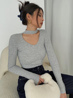 Load image into Gallery viewer, Cutout V Neck Long Sleeve Top - Grey
