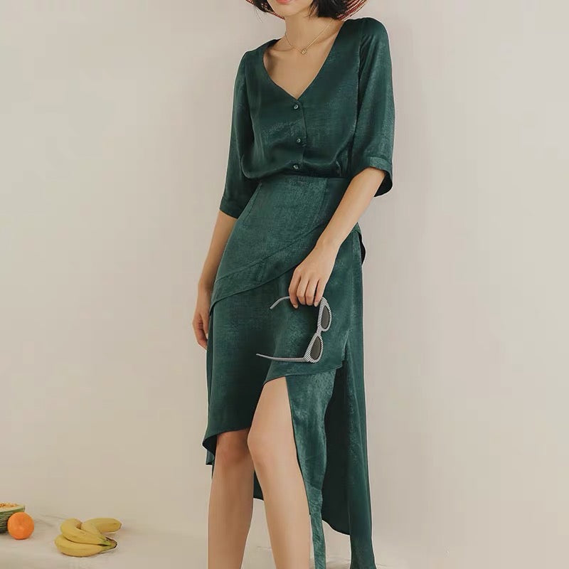[Ready Stock] Satin Asymmetric Hem Dress