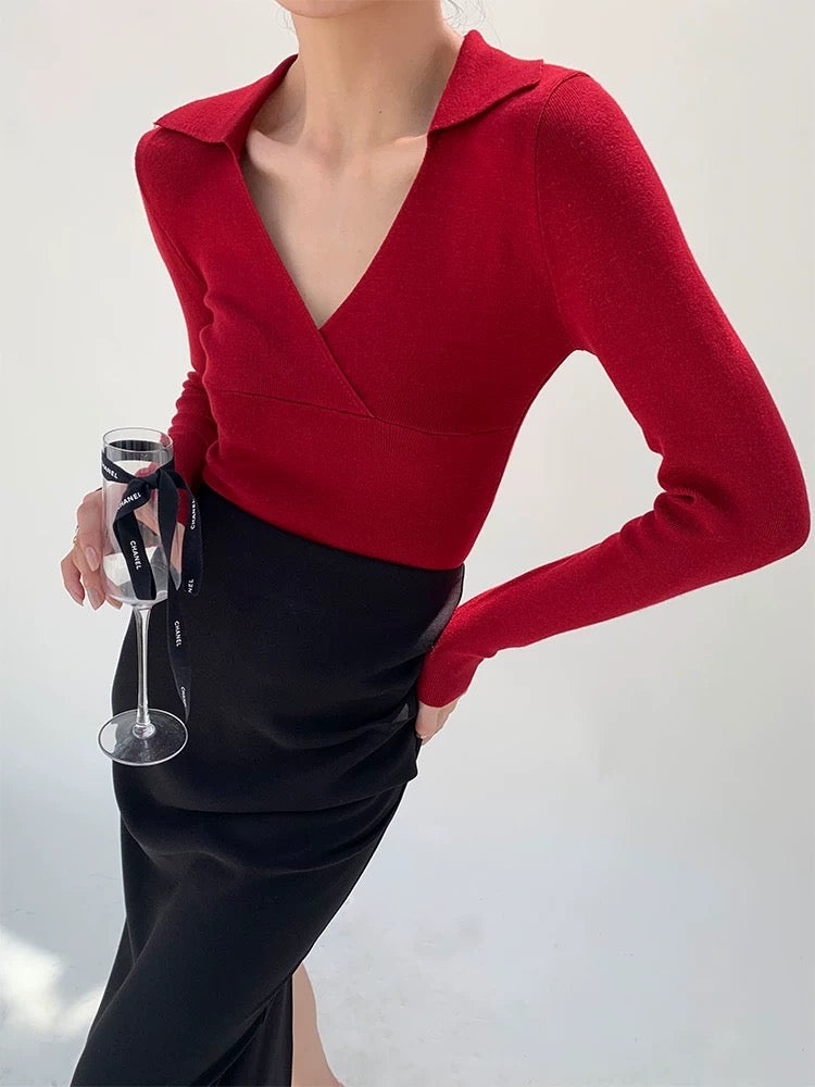 Collar V Wrap Long Sleeve Top - Red