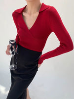 Load image into Gallery viewer, Collar V Wrap Long Sleeve Top - Red
