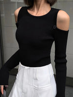 Load image into Gallery viewer, Shoulder Cutout Button Knit Top in Black
