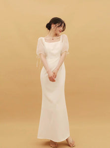 Nadya Blouson Sheer Sleeve Gown in White