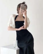 Load image into Gallery viewer, Cathie Black Blouson Sleeve Midi Dress in Black

