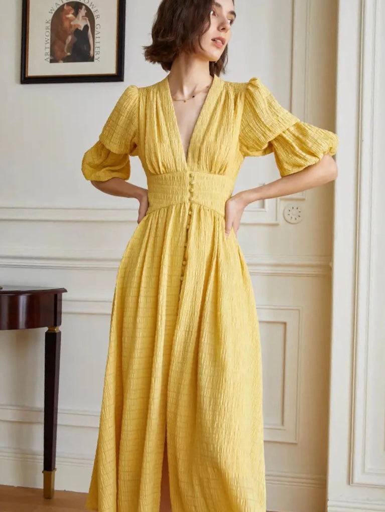 Arlette Crepe Blouson Maxi Dress in Yellow