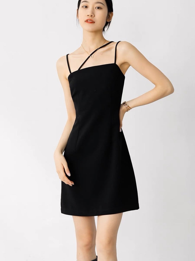 Asymmetric Cami Strap Mini Dress in Black